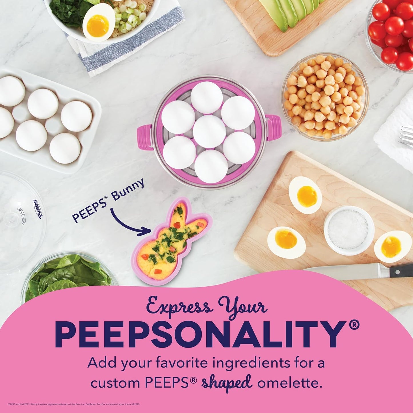 PEEPS x Dash Bunny Rapid Egg Cooker: 7 Egg Capacity Electric Egg Cooker for Hard Boiled Eggs, Poached Eggs, Scrambled Eggs, or Omelets with Auto Shut off Feature - Pink