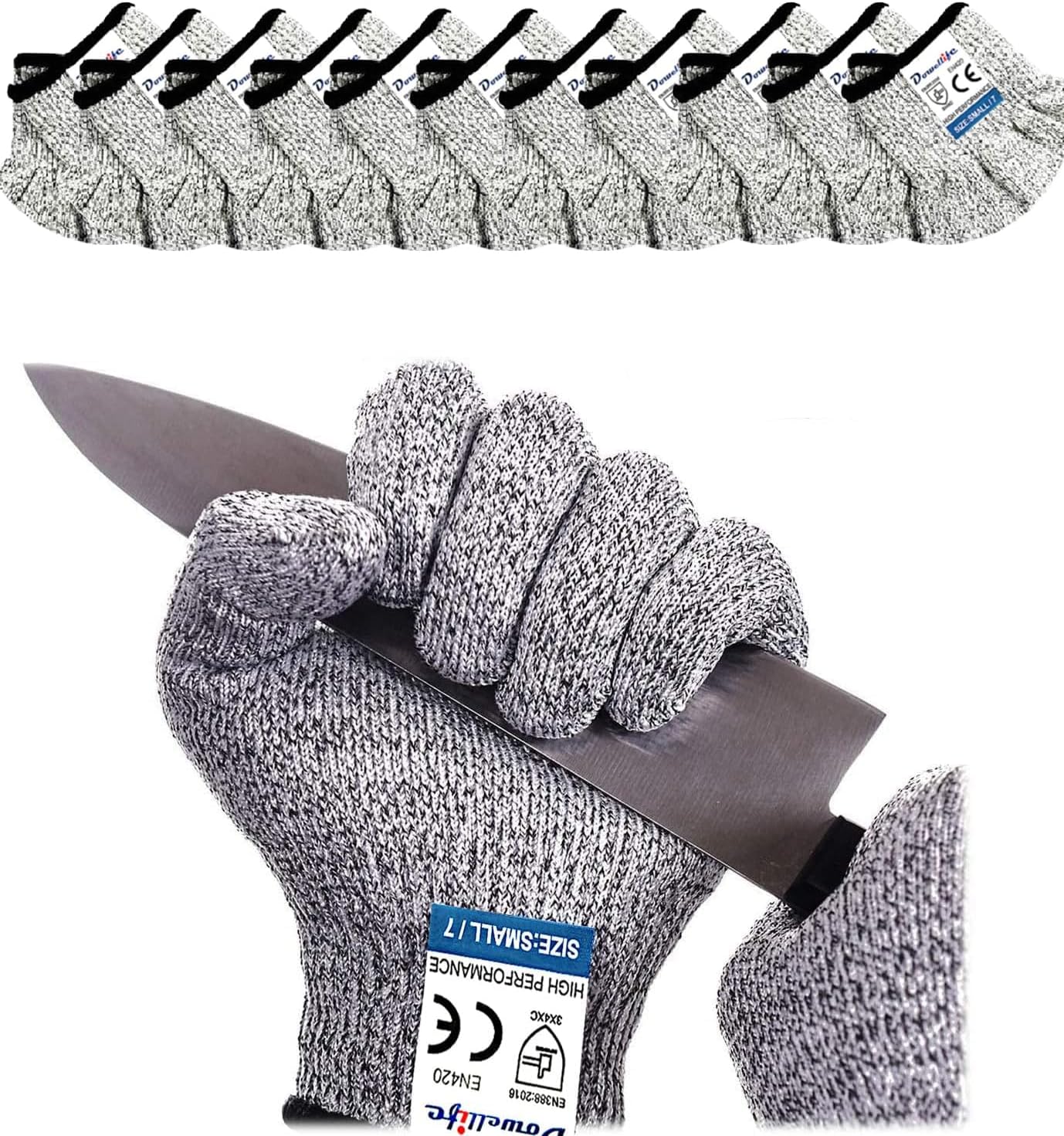 Dowellife Cut Resistant Gloves Food Grade Level 5 Protection, Safety Kitchen Cuts Gloves for Oyster Shucking, Fish Fillet Processing, Mandolin Slicing, Meat Cutting and Wood Carving. (Large-12 Pairs)