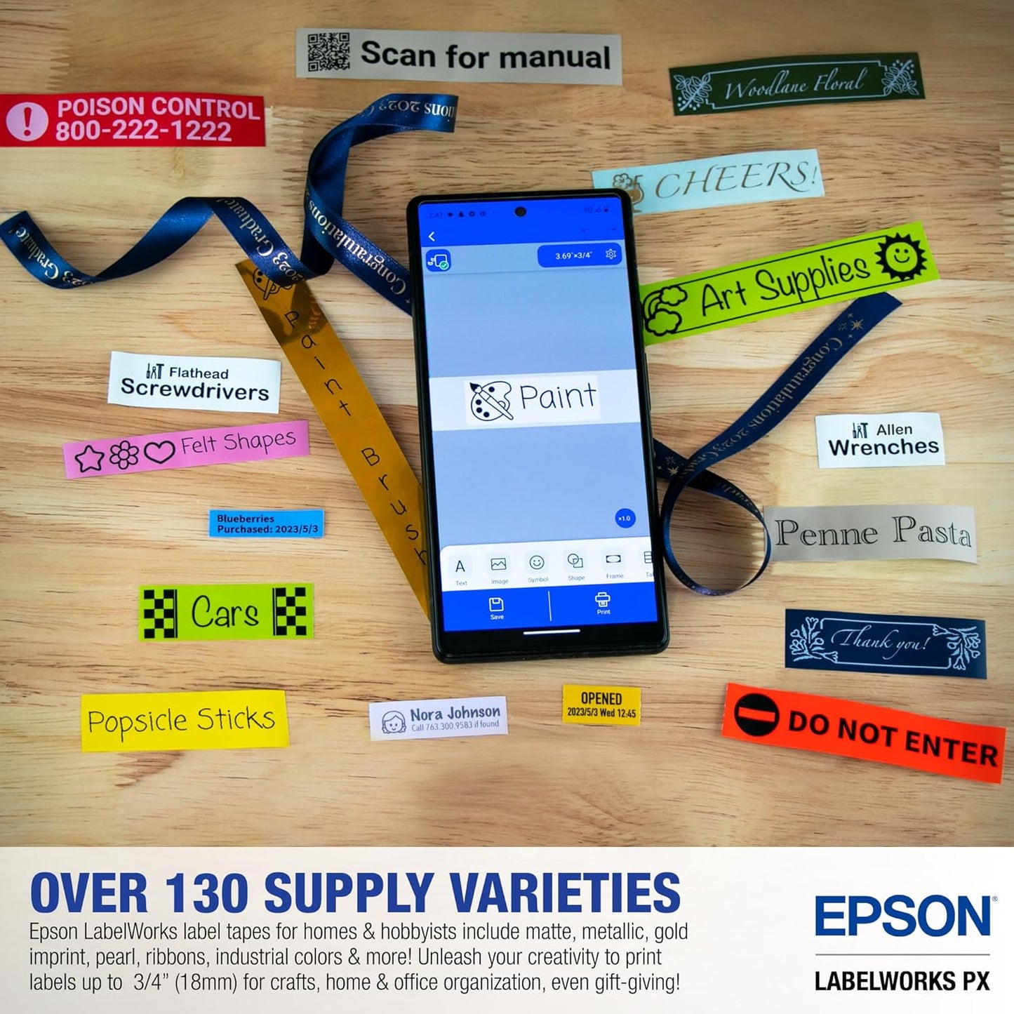 LABELWORKS Epson LW-C410PX Portable Bluetooth Label Machine Printer for Home and Office – Efficient, Create Sticker Labels for Crafts and Organization, Designer Tape Supported, App Compatible