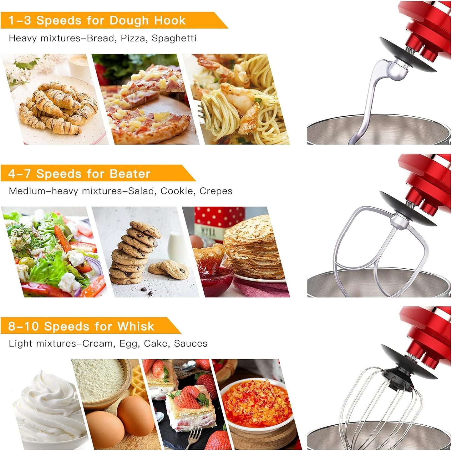 Garvee 7.5QT Stand Food Mixer, 10-Speed Tilt Head 3-IN-1 Kitchen Electric Mixer with Stainless Steel Bowl, Egg Whisk, Dough Hook, Beater, Splash Guard, Compact Dough Mixer for Home Cooks, Red