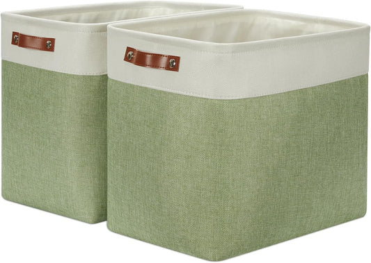 DULLEMELO Extra Large Storage Baskets, 17"x12"x15" Fabric Storage Bins for Organizing Shelves Nursery Toys Books, Collapsible Storage Baskets Rectangular Canvas Bins with Handles, White&Green, 2-Pack