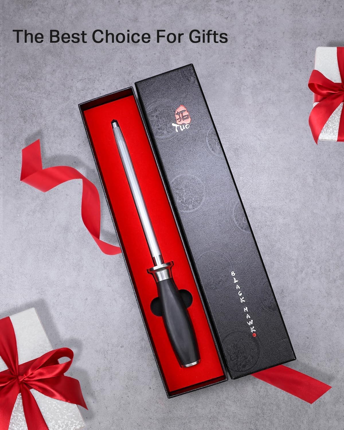 TUO Honing Rod, Knife Sharpening Rod 8 Inch, High Carbon German Steel Knife Sharpener with Ergonomic Pakkawood Handle, Premium Honing Steel for Kitchen Knives Blade Maintenance, Black Hawk Series