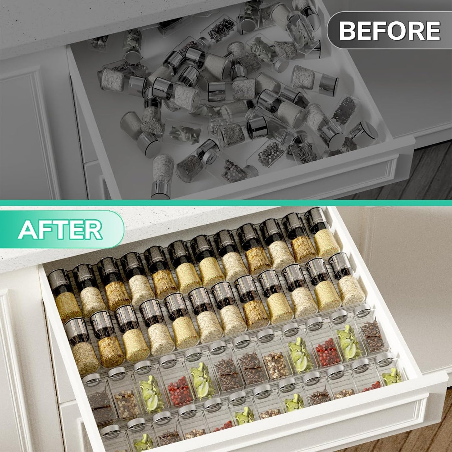 AMBIRD Spice Drawer Organizer, 4 Tier-2 Set Clear Spice Rack Tray Expandable From 11'' to 22'', Seasoning Organizer with non-slip tape for Kitchen, Cabinet, Drawers, Countertop(JARS NOT INCLUDED)