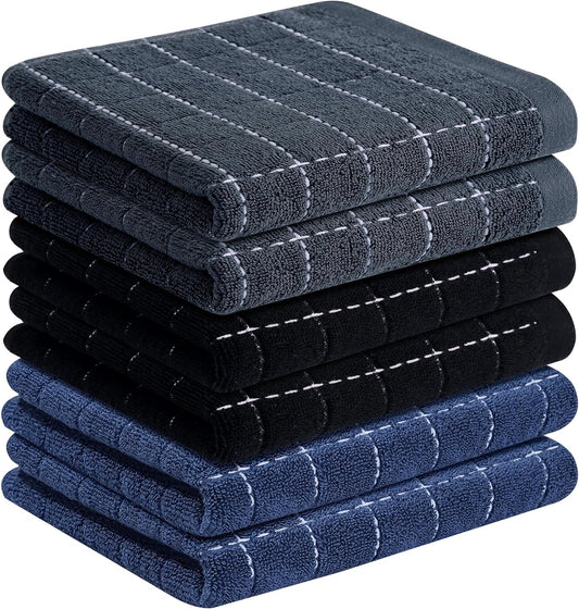 Homaxy 100% Cotton Terry Kitchen Towels(Navy+Grey+Black, 13 x 28 inches), Checkered Designed, Soft and Super Absorbent Dish Towels, 6 Pack