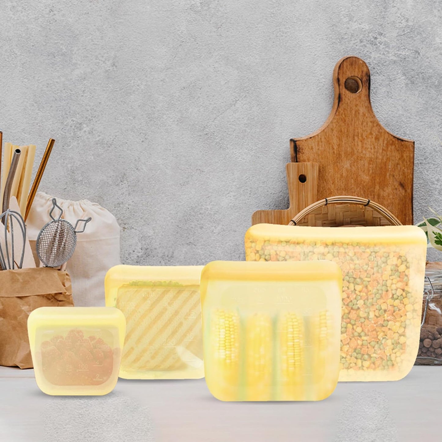 purifyou Set of 4 Reusable Silicone Storage Snack Bags 6oz / 16oz / 32oz / 64oz Self-Seal Food Storage Container for Fruits, Vegetables, Sandwiches, Dishwasher Safe & Leak-free (Pastel Yellow)