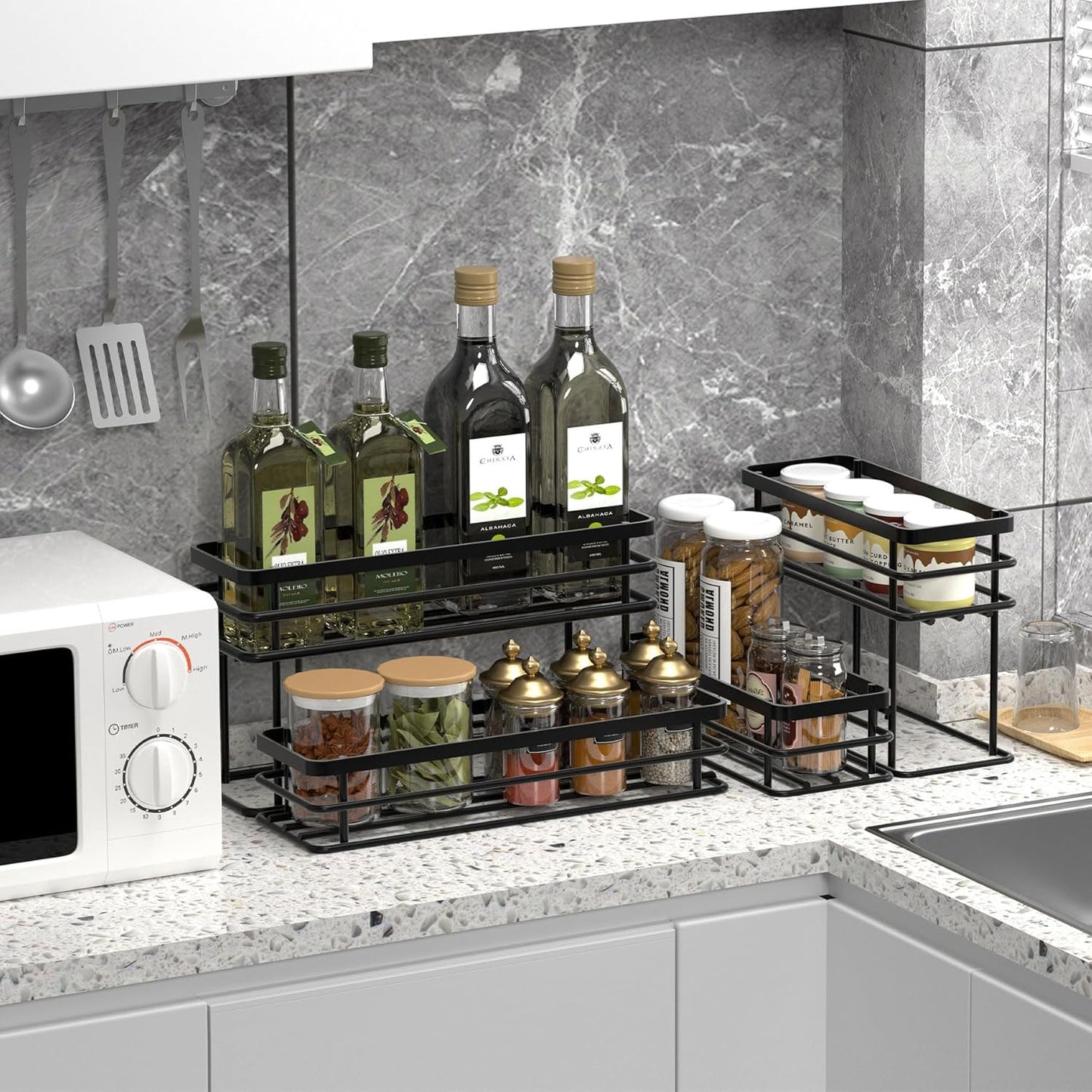 Coffee Syrup Rack Organizer, Syrup Bottle Holder Stand for Coffee Bar, 2-Tier 6 Bottles Storage Shelves for Syrup, Wine, Dressing for Kitchen Countertop (6 Bottles Black)