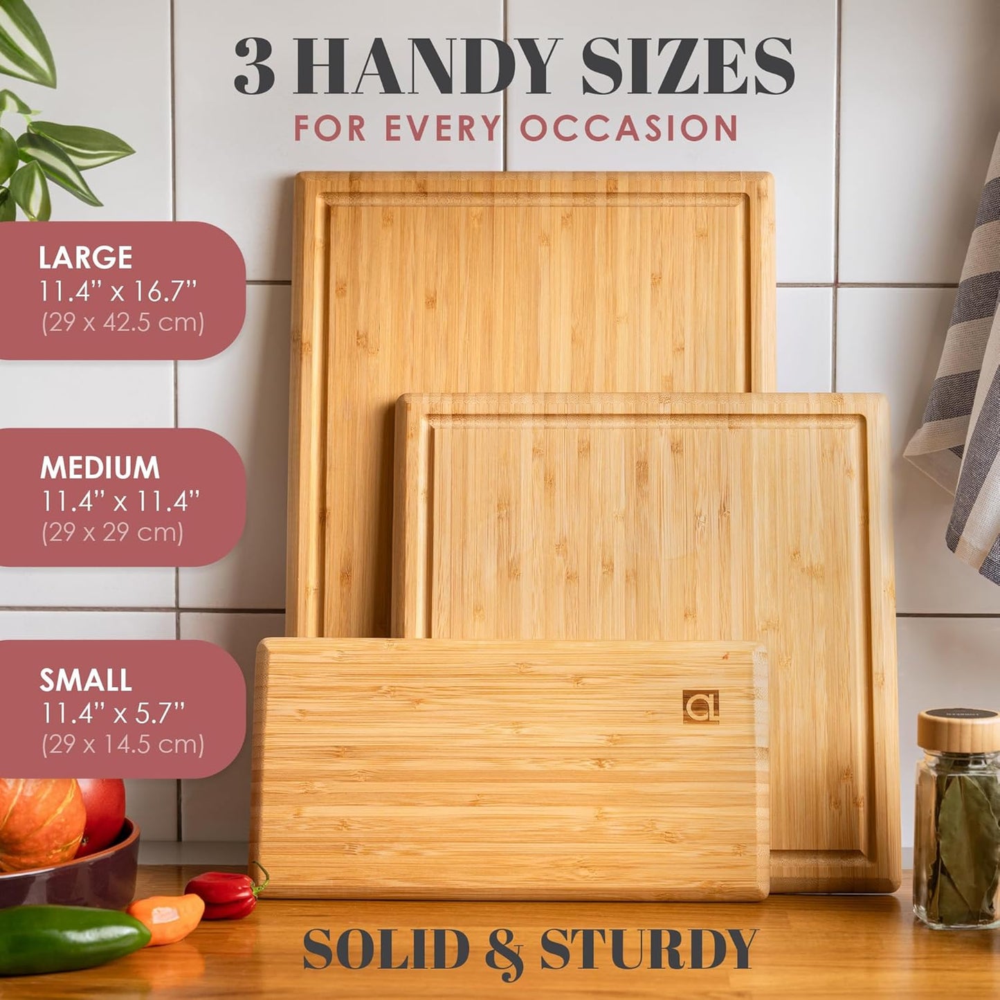 Chorus Bamboo Cutting Board Set with Juice Groove (Set of 3) - Luxury Organic Wood Chopping Board for Kitchen, Wooden Cutting Board for Meat (Butcher Block), Vegetables, Cheese