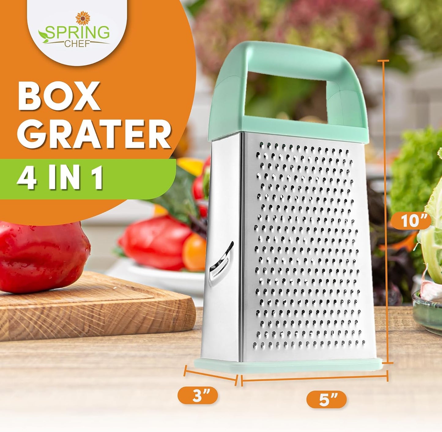 Spring Chef Professional 10" Stainless Steel Parmesan Cheese Grater with Handle, 4 Sided Handheld Box Grater, Kitchen Potato Shredder for Hash Browns, Hard Cheese, Ginger, Vegetables, Carrot - Mint