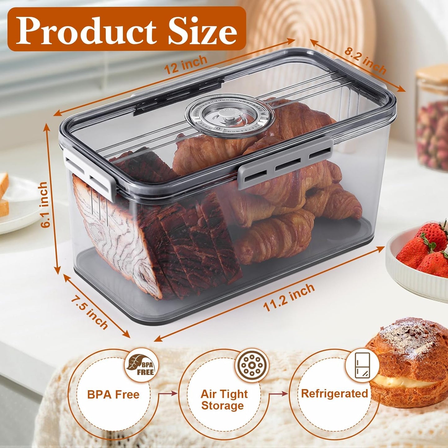 Bread Box for Homemade Bread Boxes for Kitchen Counter Airtight, Time Recording Bread Storage Container with Lid, Bread Containers Storage Airtight Loaf Bread Keeper, Large, Dark Grey