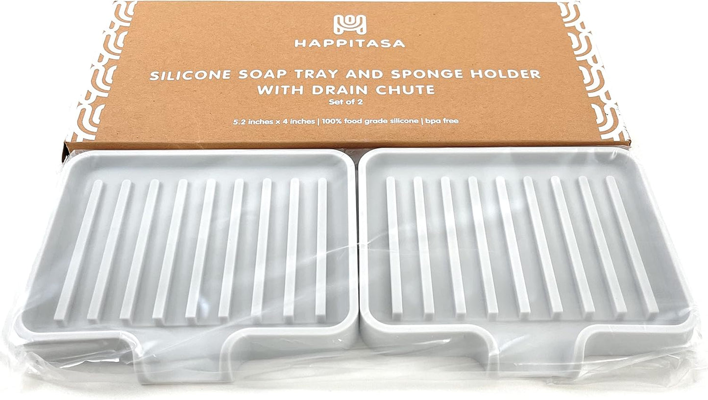 Happitasa Silicone Soap Dish Tray and Sponge Holder with Drain Chute, Pack of 2 | Bathroom and Kitchen Sink Organizer Caddy (Light Grey, 5.2"x4", 7.2 Ounces)