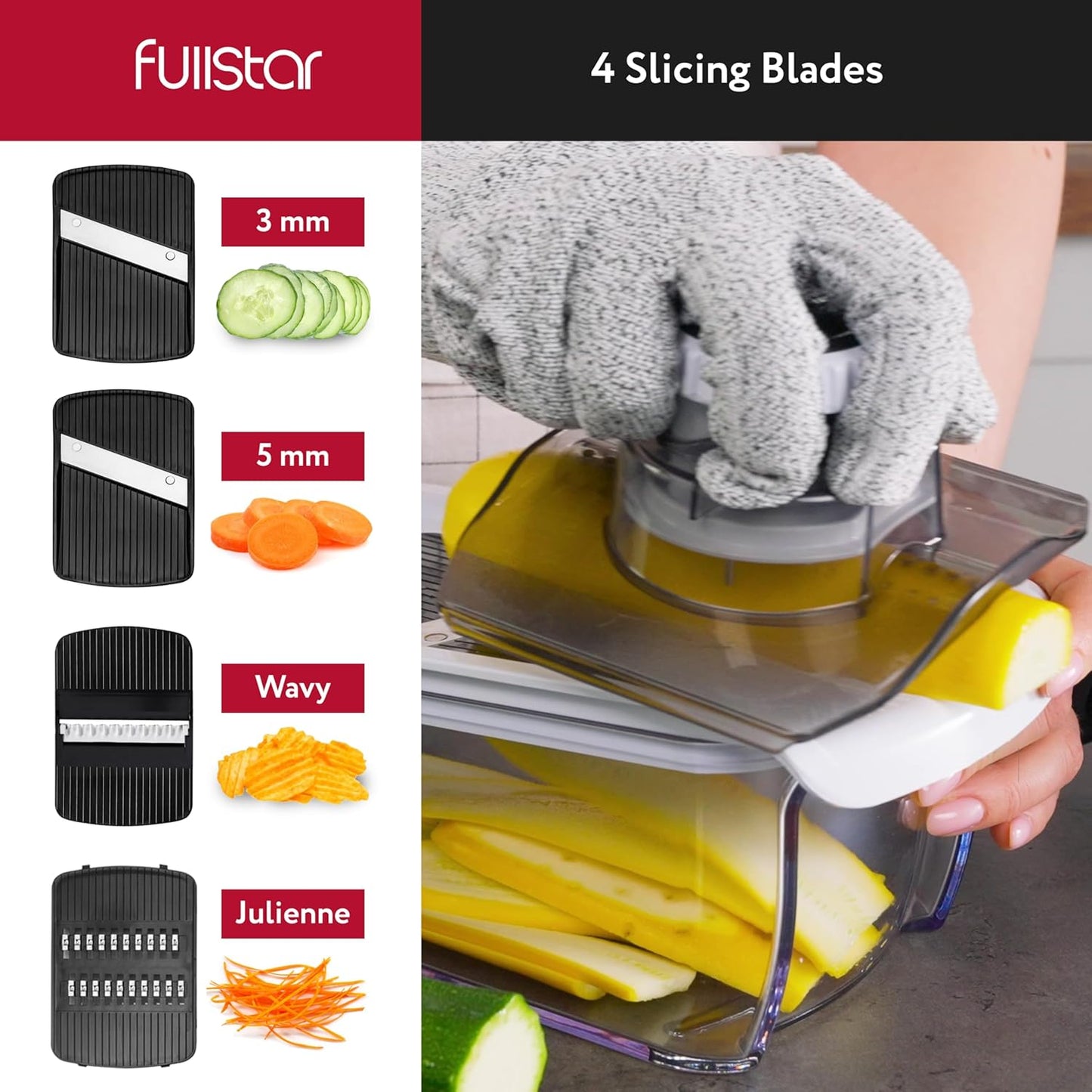 Fullstar Mandoline Slicer for Kitchen, Fruit Cutter, Cheese Grater, Cucumber Slicer, Veggie Spiralizer, Food Cutter & Kitchen Gadgets with Safety Glove (9 in 1, White)