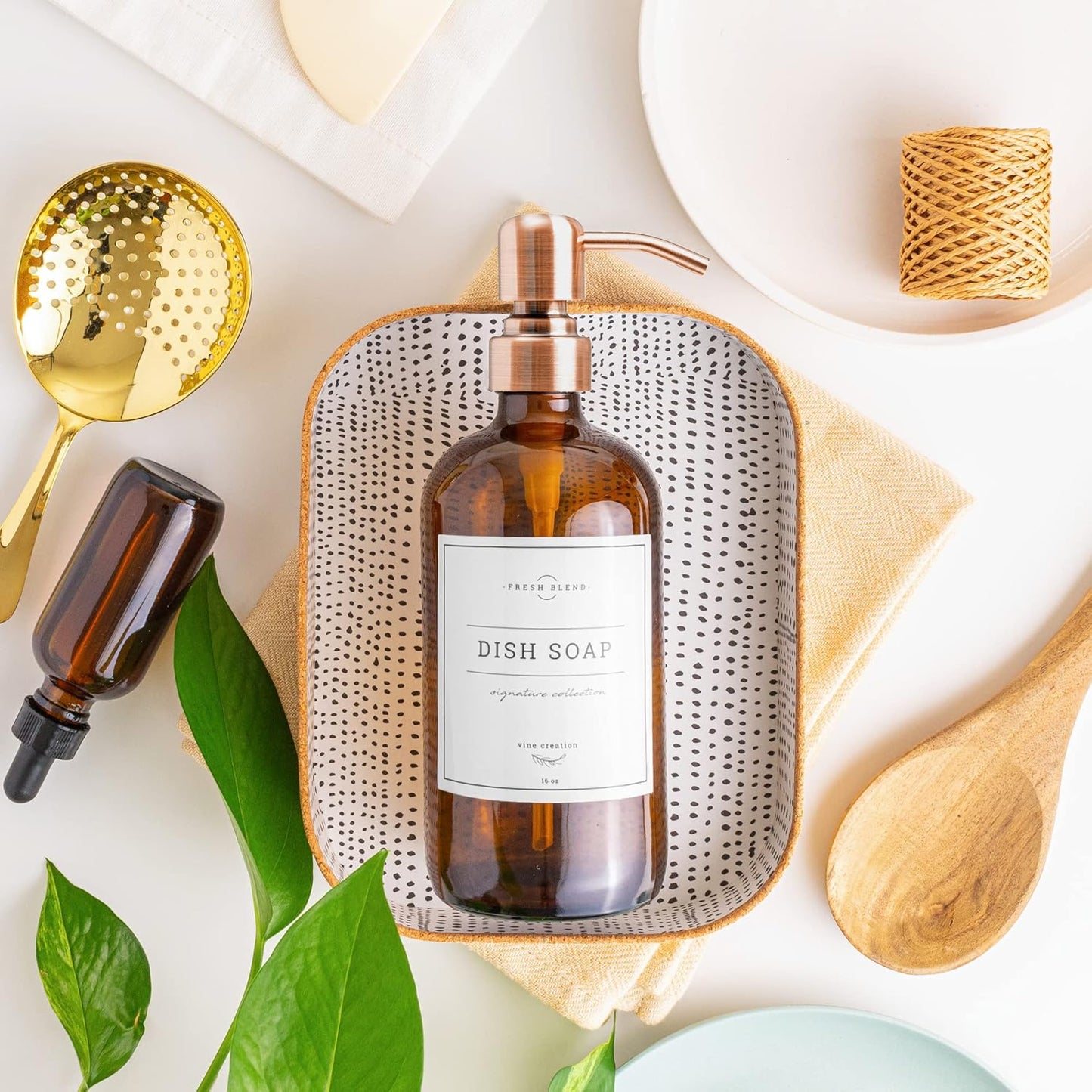 Vine Creations Amber Glass Soap Dispenser, 2 Pack Kitchen Soap Dispenser Set with Stainless Steel Pump, 16 oz Dish Soap and Hand Soap Dispensers for Bathroom with Waterproof Labels