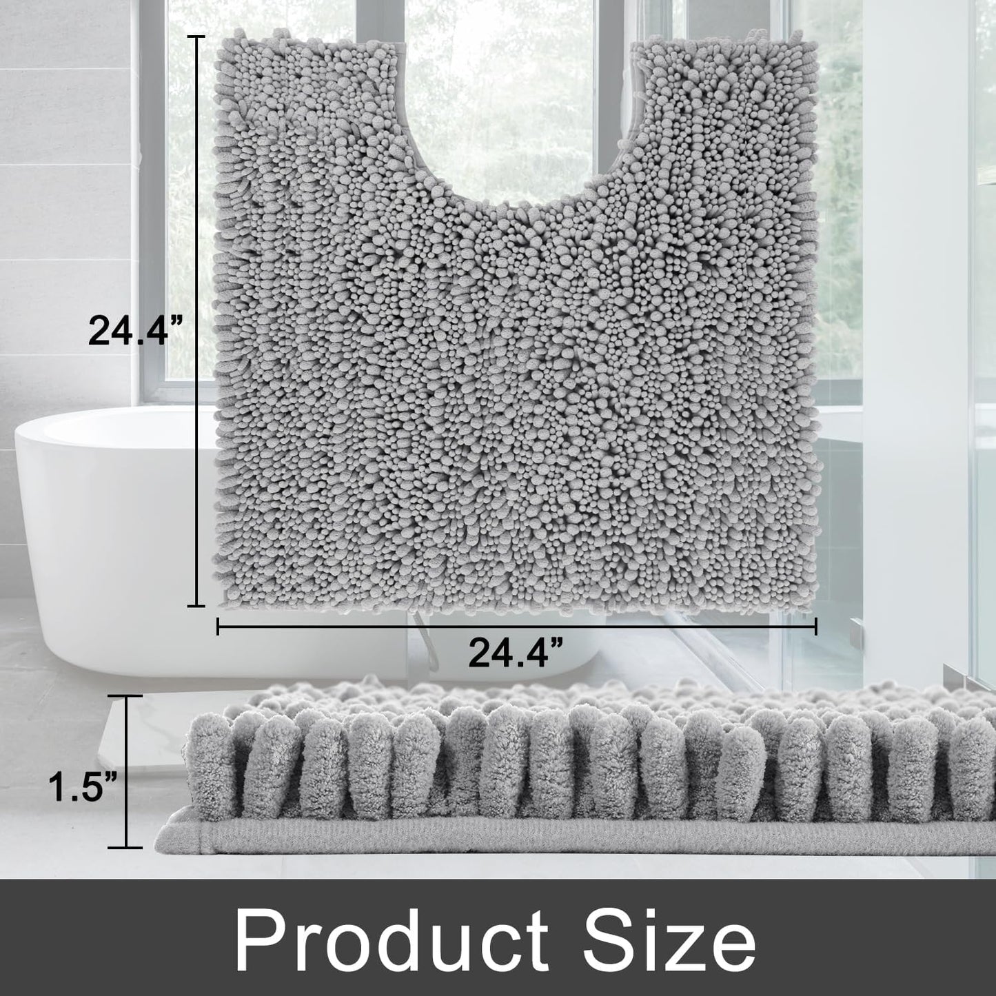Yimobra Toilet Rug U Shaped Washable 24x20 Inch - Ultra Soft Absorbent Chenille Bath Rugs for Toilet, Quick Dry & Machine Washable, Non Slip Contour Bathroom Mat, Gray