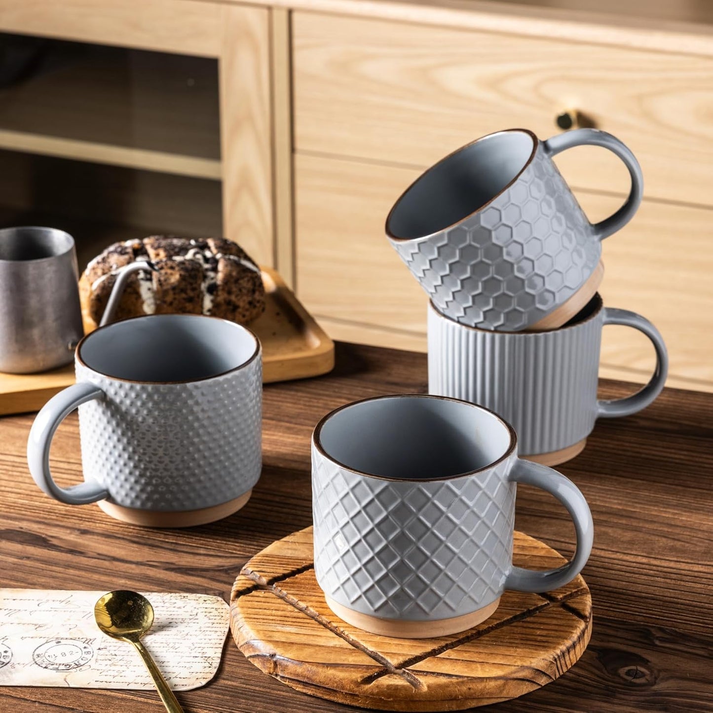 GBHOME 15OZ Stackable Coffee Mugs, Ceramic Coffee Mugs with Texture Patterns for Man,Woman,Dad,Mom, Modern Coffee Cups Set of 4 for Latte/Cappuccino/Cocoa. Dishwasher&Microwave Safe, Gray