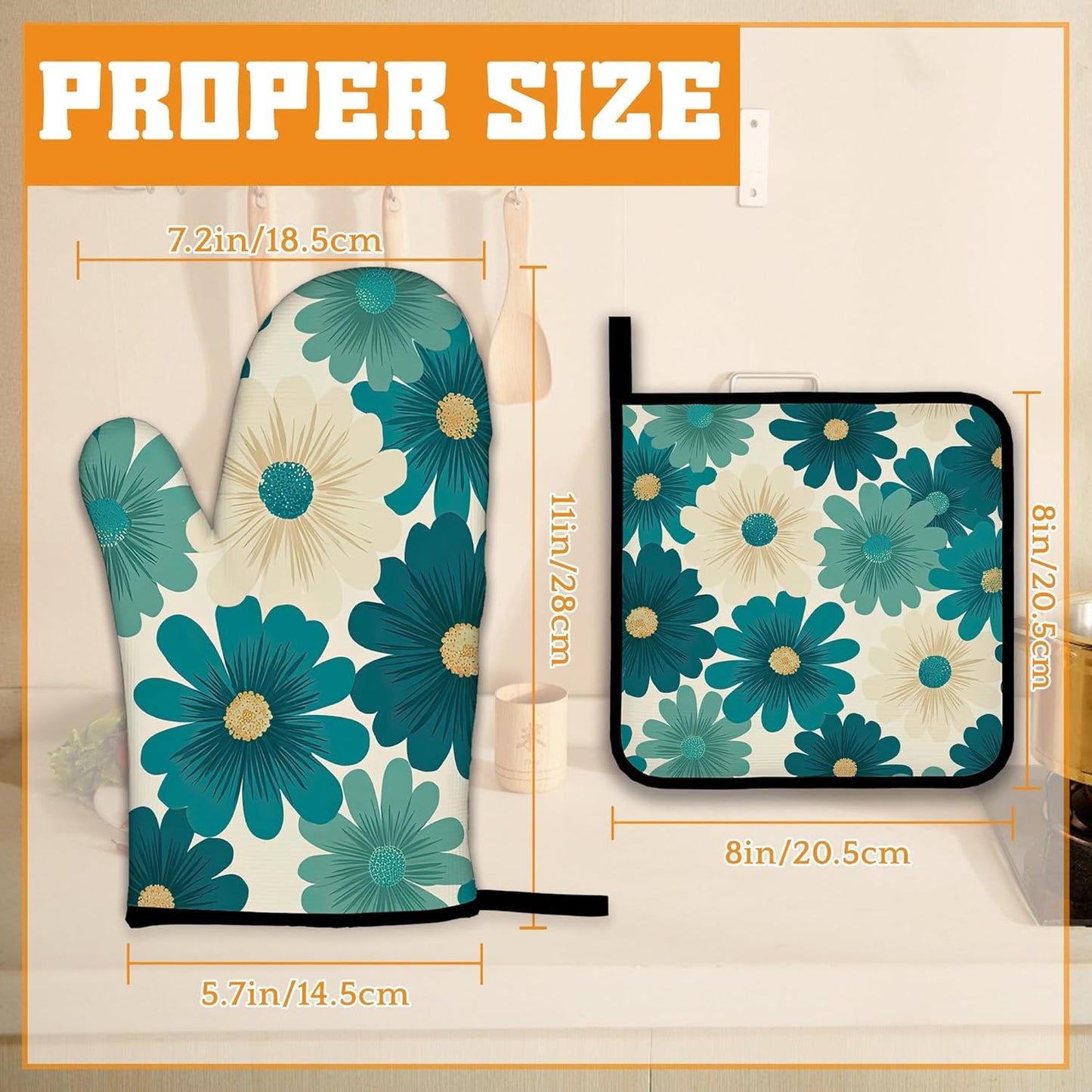 Abstract Daisy Flower Oven Mitts and Pot Holders,Retro Groovy Flowers Heat Resistant Oven Mitts Gloves and Pot Holder for Home Kitchen Decorations Cooking Baking BBQ Gifts,Set of 4