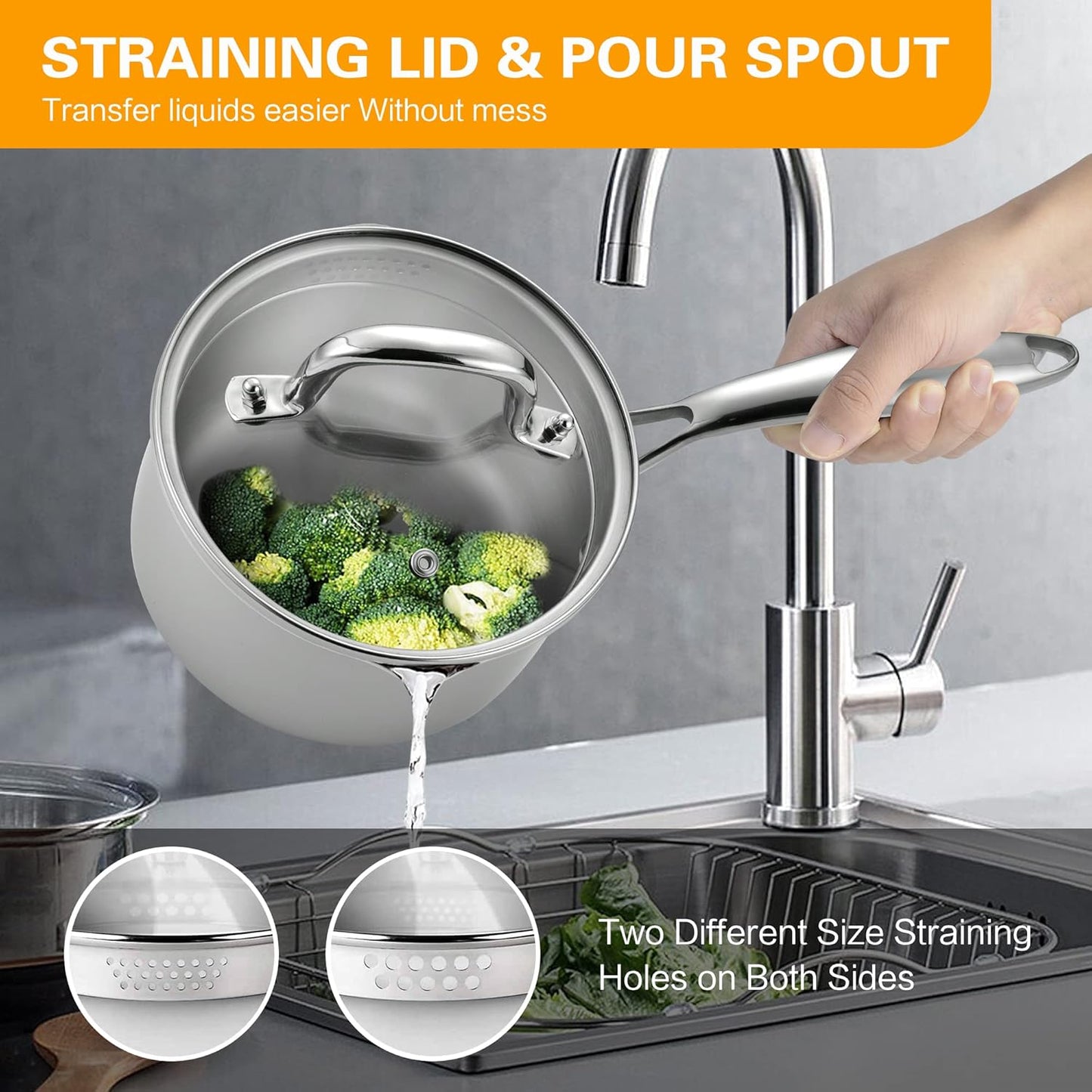 Cyrosa 3.5 Quart Stainless Steel Saucepan with Strainer Lid, Sauce Pot Sauce Pan for Stove Top, Two Side Spouts for Easy Pour, Dishwasher Safe