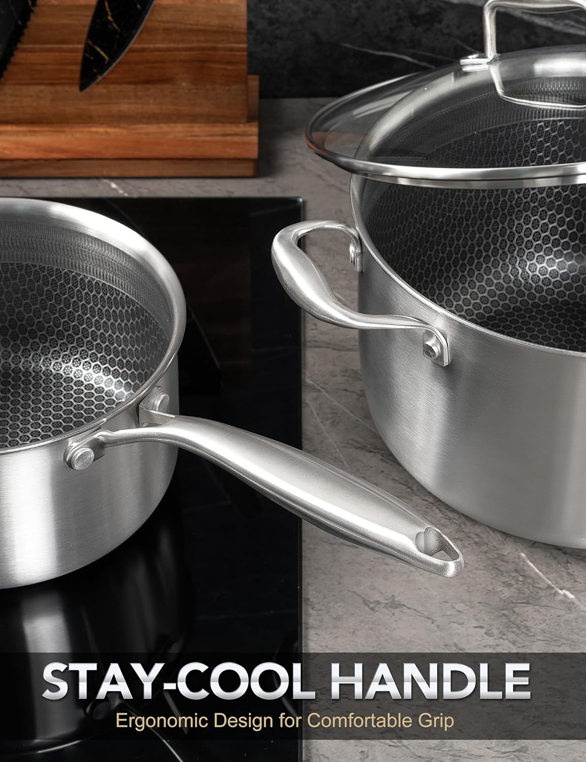 MICHELANGELO 6 Pcs Tri-ply Stainless Steel Pot Set, 2QT & 3QT & 8QT Pot with Lids, Nonstick HoneyComb Interior Cooking Pot Set, Compatible with All Cooktops, Oven & Dishwasher Safe