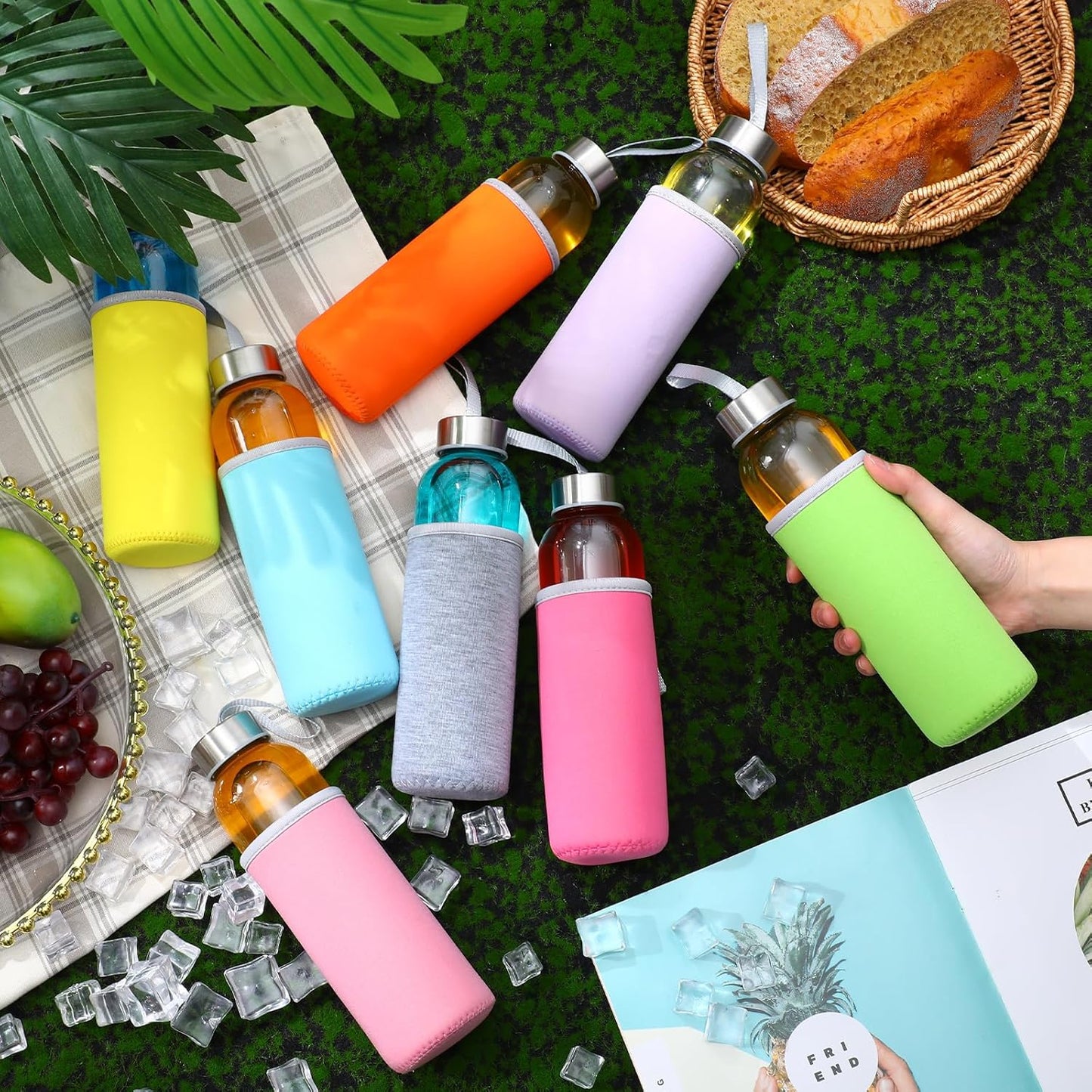 Vesici 12 Set 18 oz Clear Glass Water Bottles, Reusable Glass Juicing Bottles with Protection Sleeve and Stainless Steel Leak Proof Lids for Milk Smoothie Juice Beverage Tea (Colorful,Stylish)