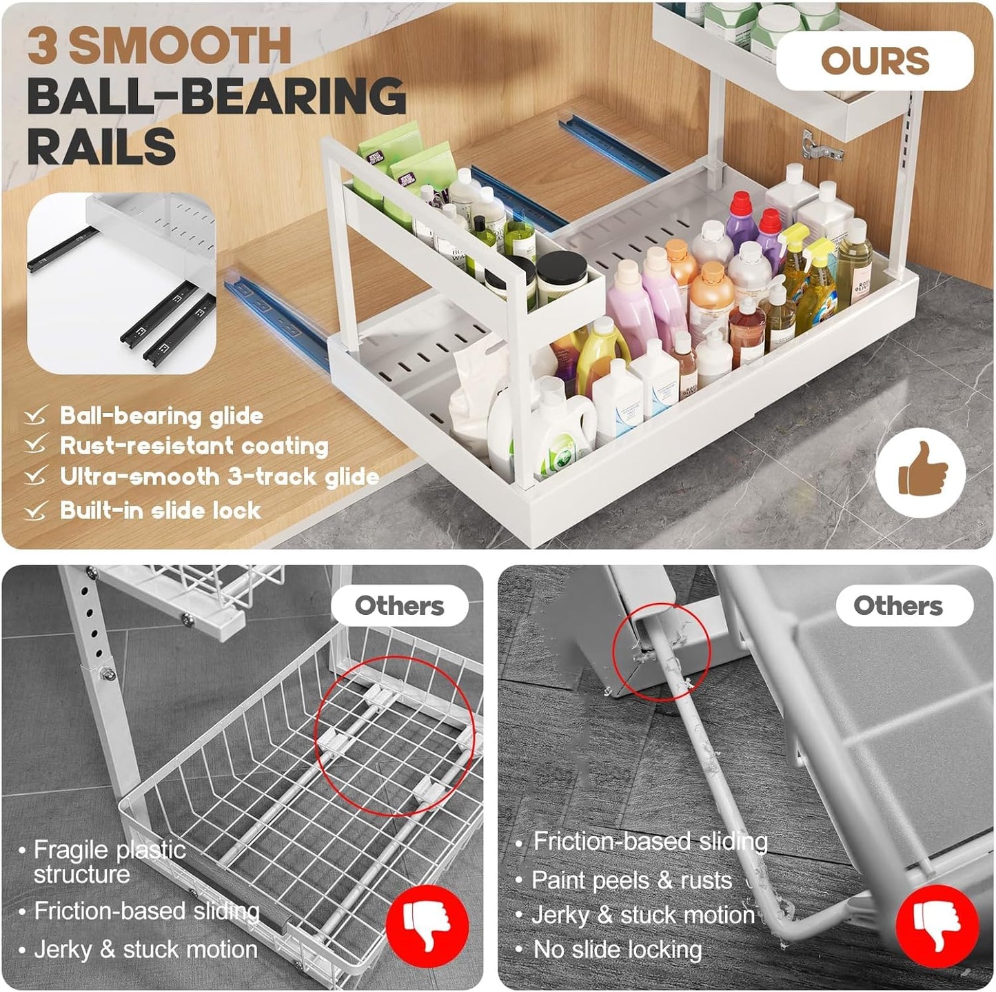 Expandable Under Sink Organizer with 3 Ball-Bearing Slide Rails, 2-Tier Pull-Out Under Cabinet Storage Shelf for Kitchen & Bathroom, Height-Adjustable Slide-Out Cabinet Drawer （White, 1-Pack）