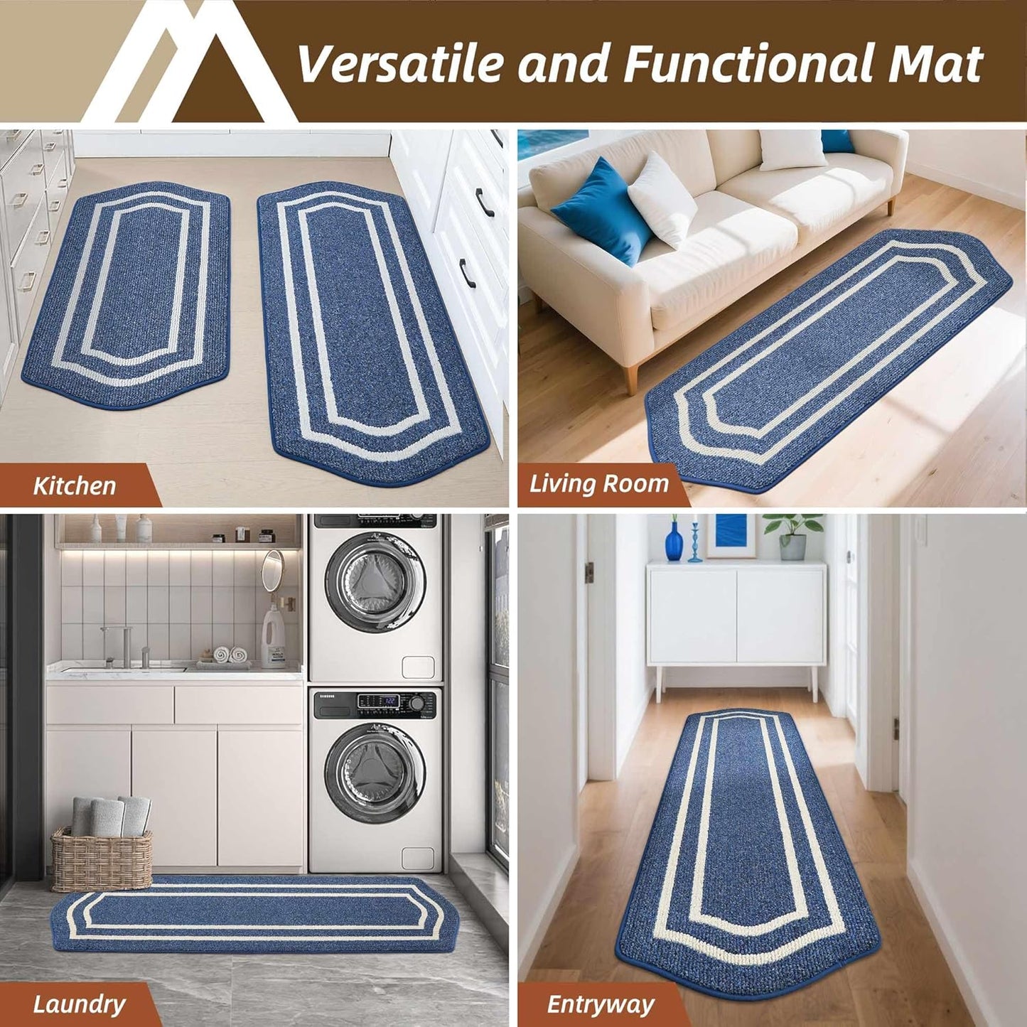 COSY HOMEER Long Kitchen Floor Mats for in Front of Sink Super Absorbent Kitchen Rugs and Mats 24"x79" Non-Skid Kitchen Mat Standing Mat Washable,Polypropylene,Blue,Frame