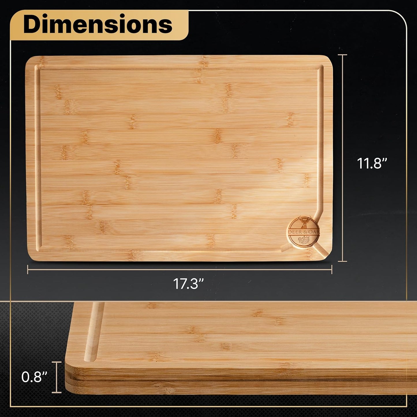 Deer & Oak Premium Extra Large Bamboo Cutting Board - 17.3" x 11.8" x 0.8" Wooden Chopping Board for Meat and Vegetables, Pre-Oiled, Water Resistant, Knife Friendly