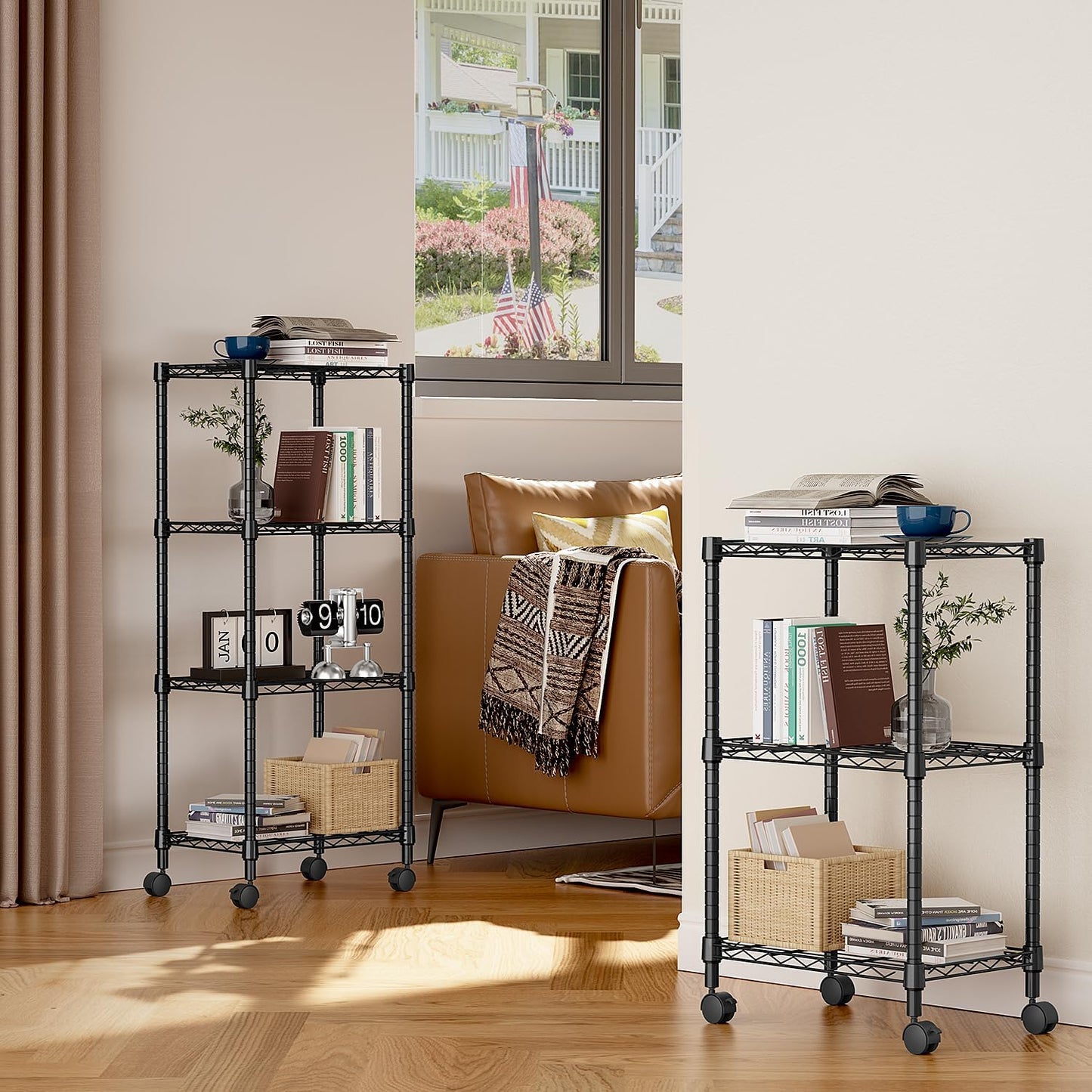 4-Shelf Adjustable Heavy Duty Steel Wire Rack, Adjustable Storage Shelving Unit with Wheel for Kitchen, Garage, Laundry Black 11.8" D x 17.7" W x 40.8" H