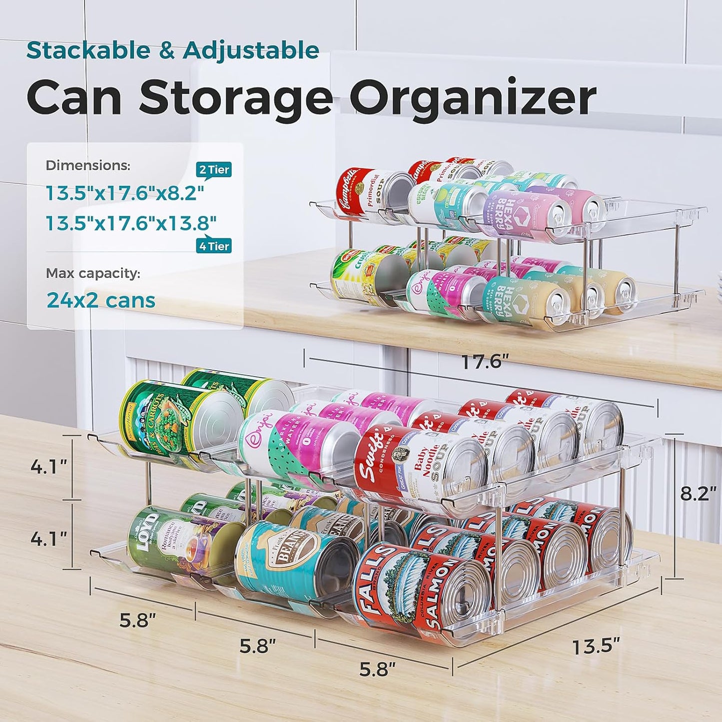 Can Organizer for Pantry, 4 Tiers Can Storage Rack, up to 48 Cans Food Holders for Fridge, Cabinet and Pantry Organization
