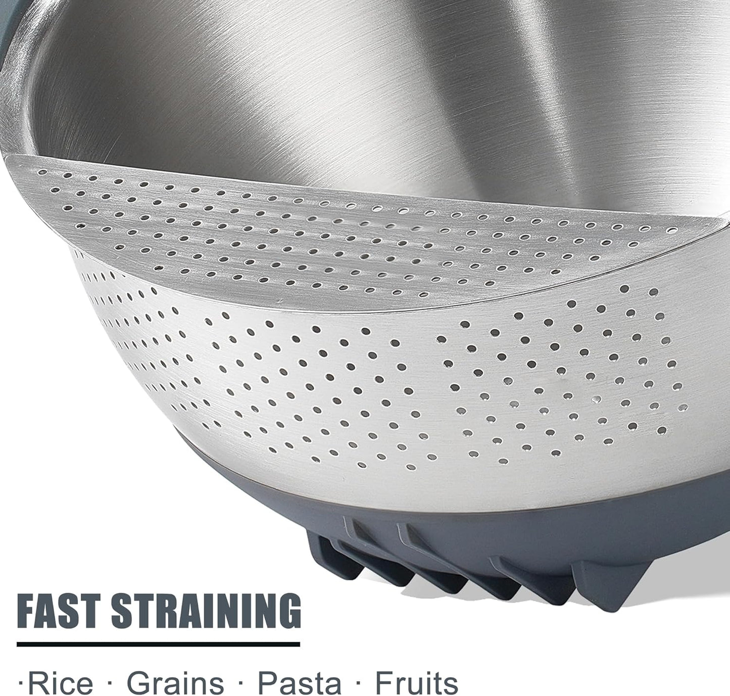 Rice Washer Strainer Bowl Quinoa Washing Bowl 18/10 Stainless Steel Colander Versatile Good Grips Side Drainers for Cleaning Rinsing Fruits, Vegetables, and Beans - Tilting Non-slip Silicone Bottom