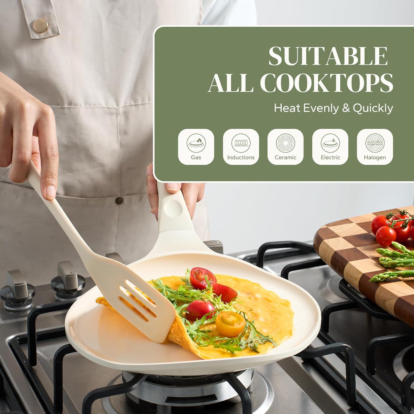 Redchef Crepe Pan Nonstick, 10 Inch Ceramic Flat Skillet Pan for Roti Dosa Tawa Comal Para Tortillas Pancake Pan for Stove Top, Induction Compatible, PFAS/PFOA/PTFE Free(Beige White)