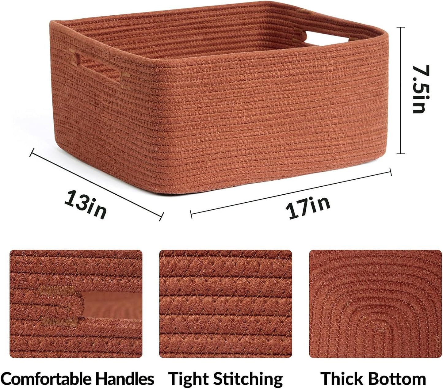 Large Storage Baskets for Shelves, Closet Organizers Bins for Clothes Blanket Towels, Baby Nursery, Toy Baskets Box, Woven Rope Baskets, 17 x 13 x 7.5”, 3 Packs Oxide Red