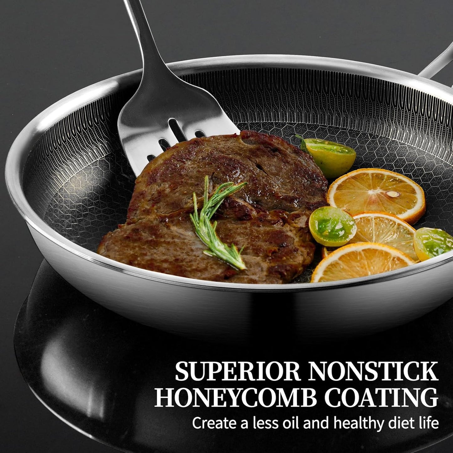 Stainless Steel Frying Pan with Lid - 9.5 Inch Nonstick Frying Pan with Lid, Honeycomb Stainless Steel Skillet Omelet Chef's Pan with Stay Cool Handle, Induction Compatible, PFOA Free