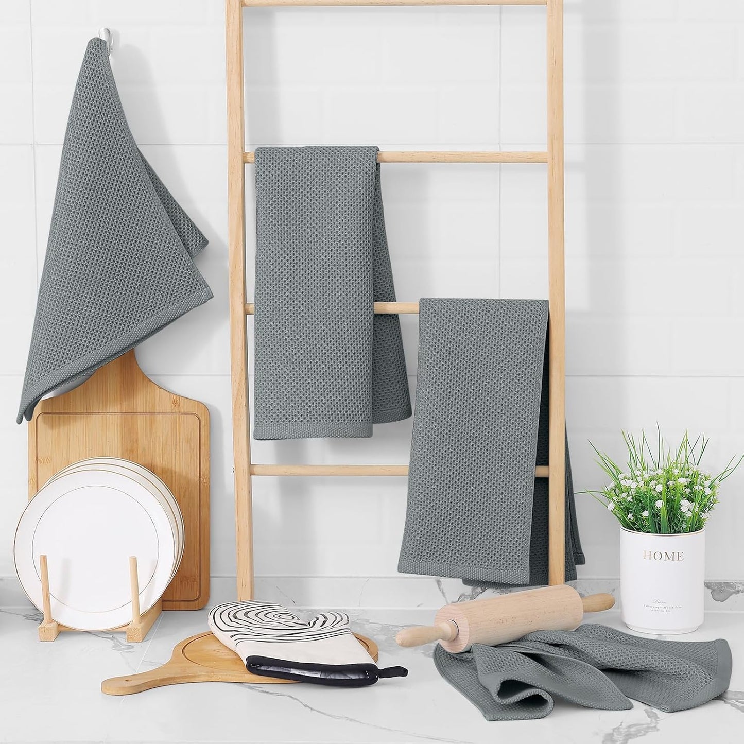 Homaxy 100% Cotton Waffle Weave Kitchen Dish Towels, Ultra Soft Absorbent Quick Drying Cleaning Towel, 13 x 28 Inches, 6-Pack, Grey