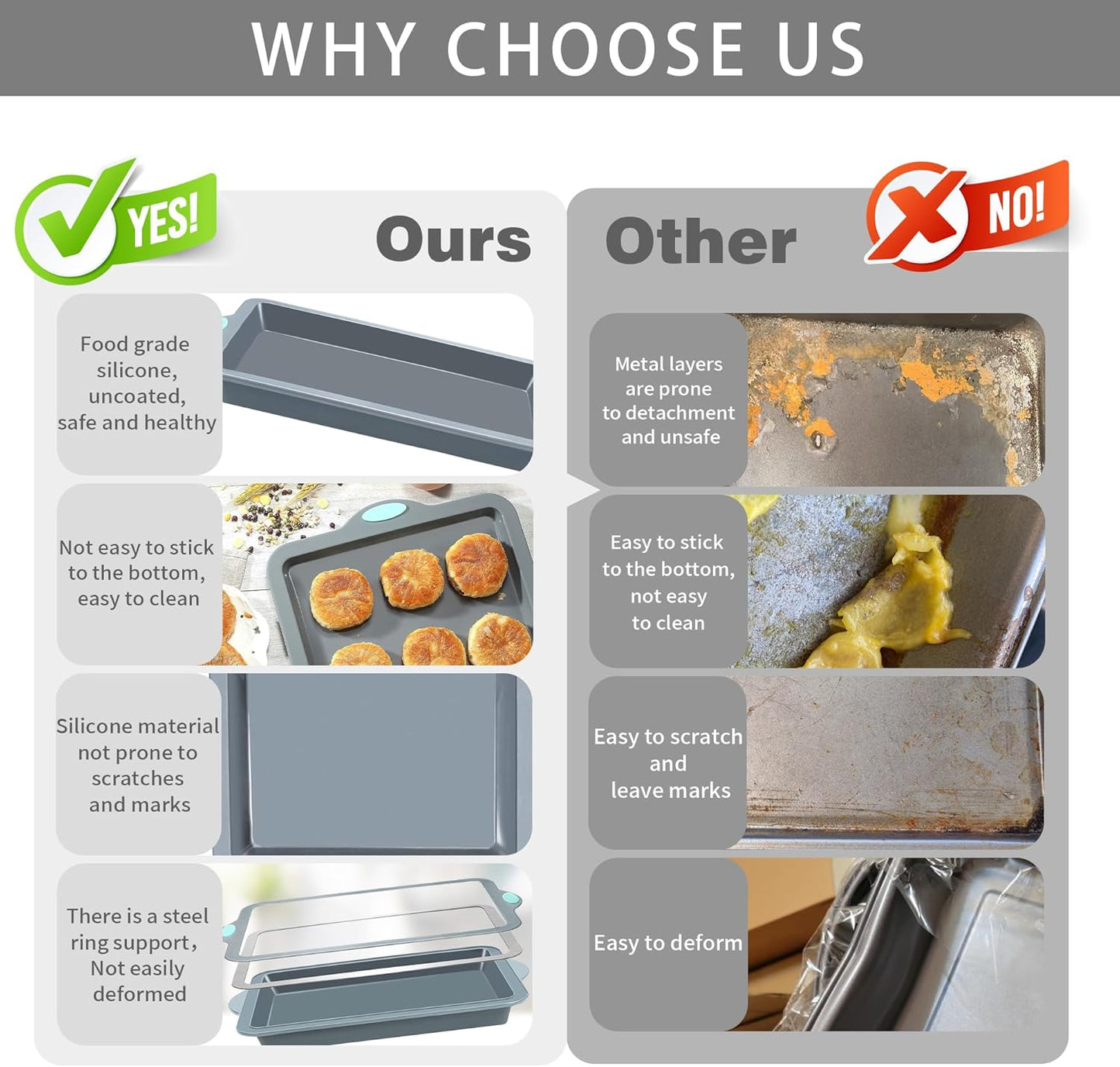 To encounter 8 in 1 Silicone Baking Set - 6 Cake Molds - 2 Silicone Baking Mat, Nonstick Cookie Sheet, Cake Muffin Bread Pan with Grips and Metal Reinforced Frame More Strength, Light Grey