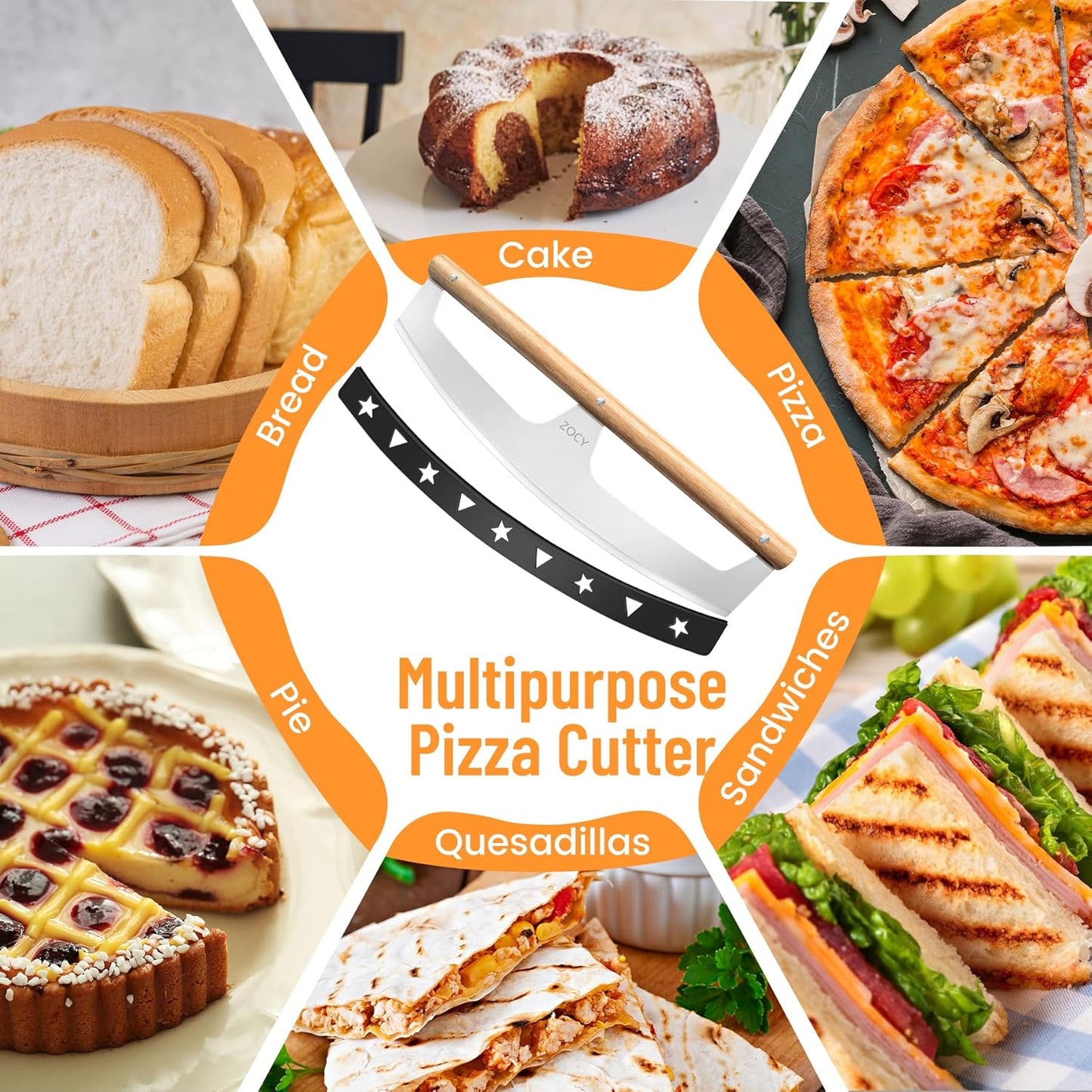 Pizza Cutter Rocker with Wooden Handles & Protective Cover by Zocy, 16" Sharp Stainless Steel Pizza Slicer Wheel, Big Pizza Knife Cutters for Kitchen Tool (16inch)