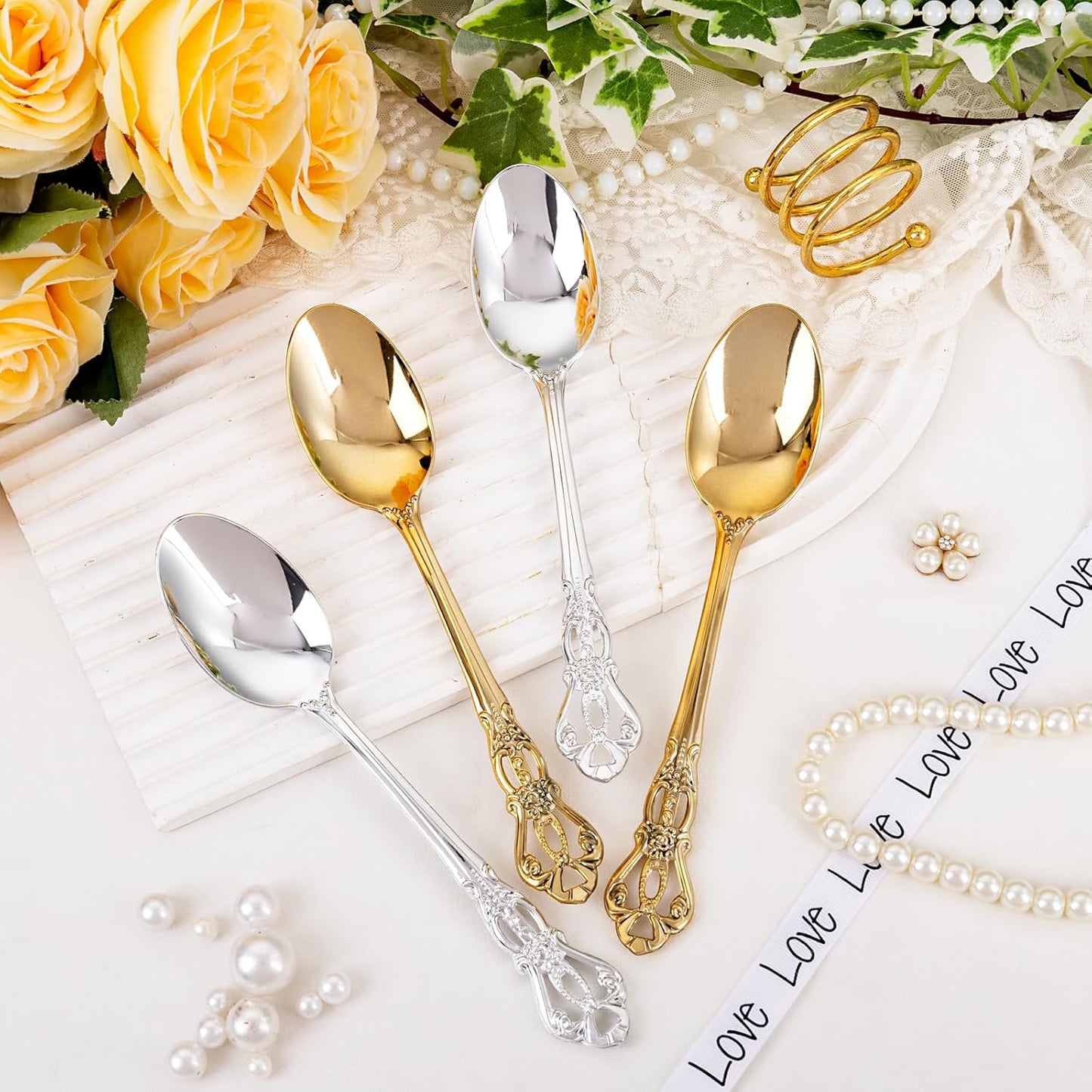 75PCS Gold Plastic Spoons - Gold Spoons Disposable - 8.1 Inch Heavy Duty Plastic Silverware - Heavyweight Elegant Disposable Utensils for Catering, Parties, Dinners, Weddings