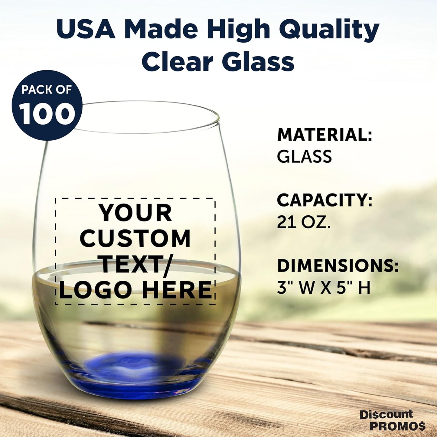 DISCOUNT PROMOS 100 ARC Stemless Wine Glasses Set, 21 oz. - Customizable Text, Logo - Chardonnay, Cabernet, Merlot, Sauvignon - Blue