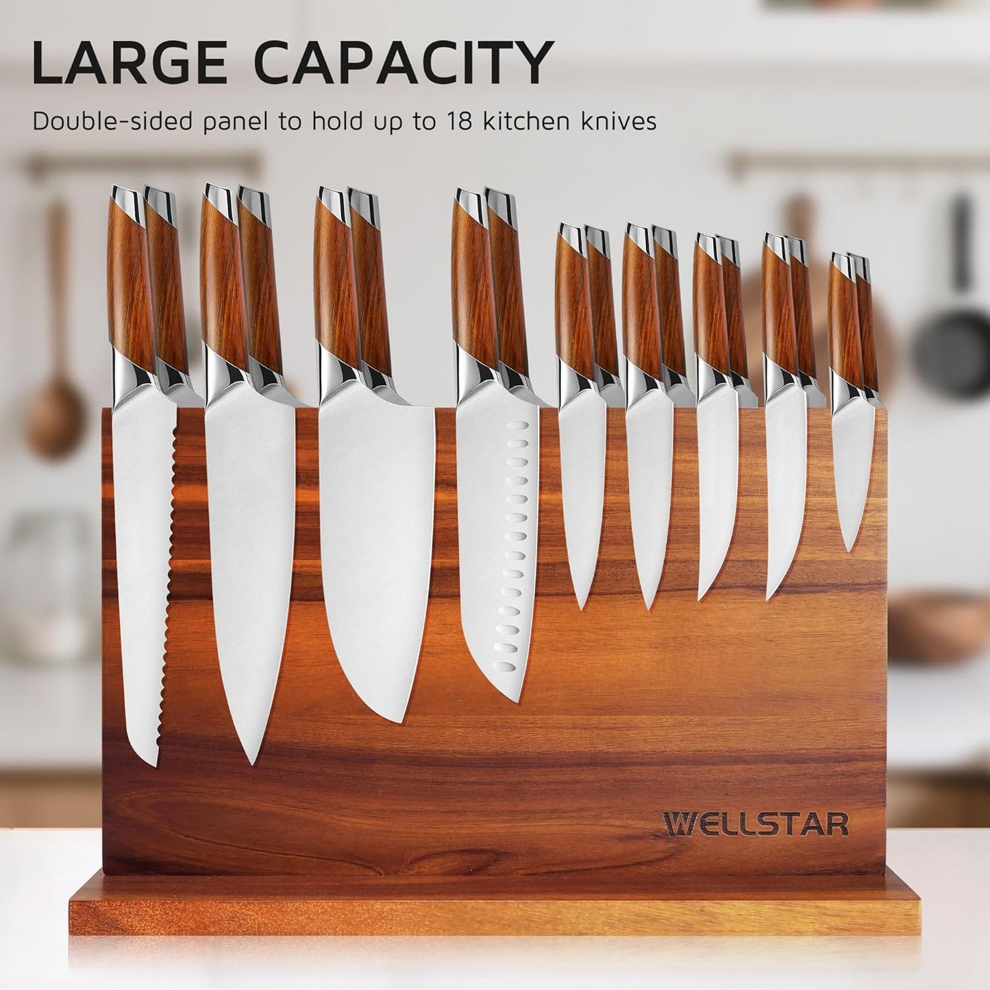 Modern Acacia Magnetic Knife Block Holder 16 x 10 Inches, Extra Large Dual-Sided Strong Magnet Wood knives Stand, Luxurious Kitchen Counter Rack Organizer for a Stable and Stylish Cutlery Display