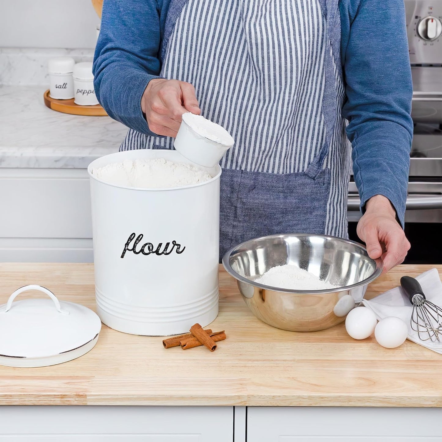 AuldHome Design Enamelware White Flour Canister; Rustic Distressed Style Staples Storage for Kitchen