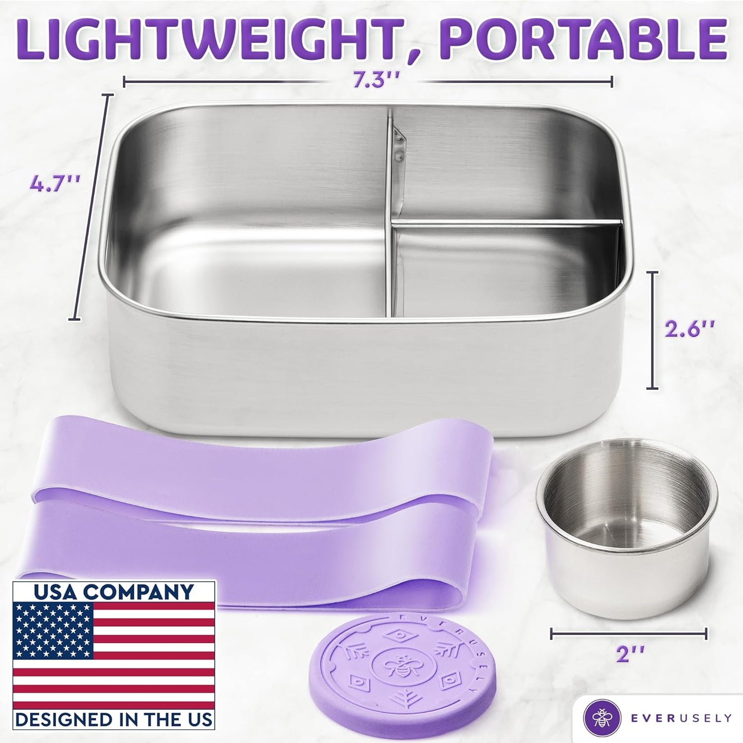 Everusely - Bento Box - Lavender, 37oz / 1.1 L - Stainless Steel Lunch Box with Leakproof Condiment Container - 3 Compartment Snack Organizer for On the Go Meals - Freezer & Dishwasher Safe