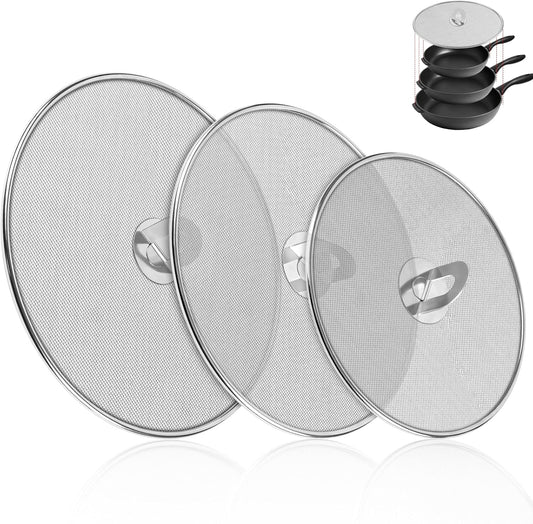 3-Pack Splatter Screens for Frying Pan - Stainless Steel Grease Splatter Guard with Foldable Knob, Ultra-Fine Mesh, Rust-Free (10", 11.5", 13") - No Oil Mess, No Burns