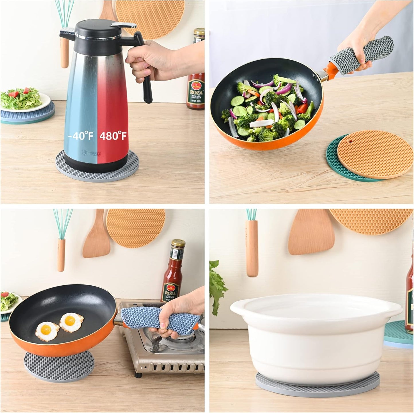 Trivets for Hot Dishes, Siicone Trivet Mat Hot Pads for Kitchen Tabletop, Round Silicone Pot Holders Mat, Trivets for Pots and Pans, Trivet for Quartz Countertops Mats Set 4 Light Gray