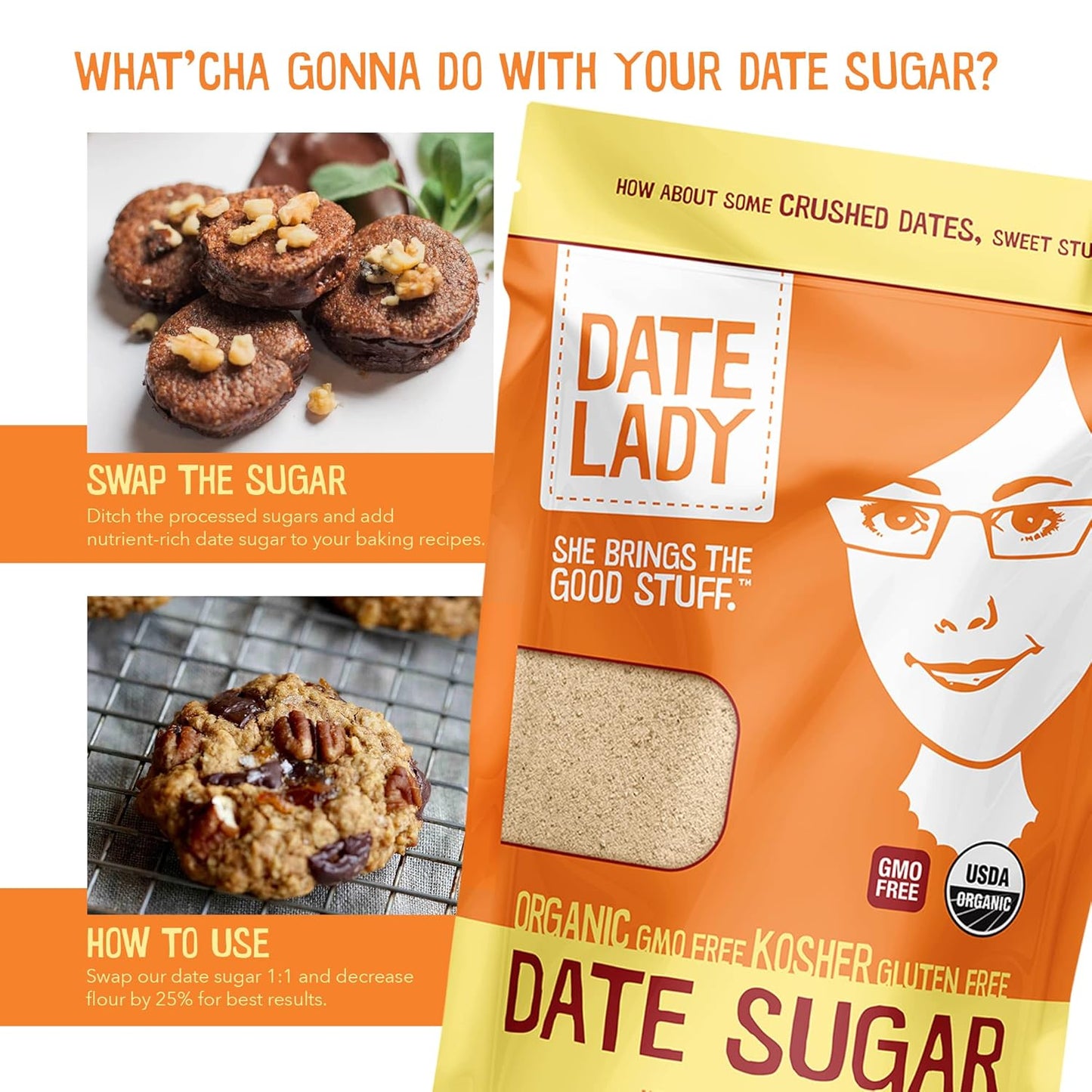 Date Lady Organic Date Sugar, 1 lb | Vegan, Paleo, Gluten Free & Kosher | Alternative Sweetener for Baking | Will Not Dissolve in Coffee (1 Bag)
