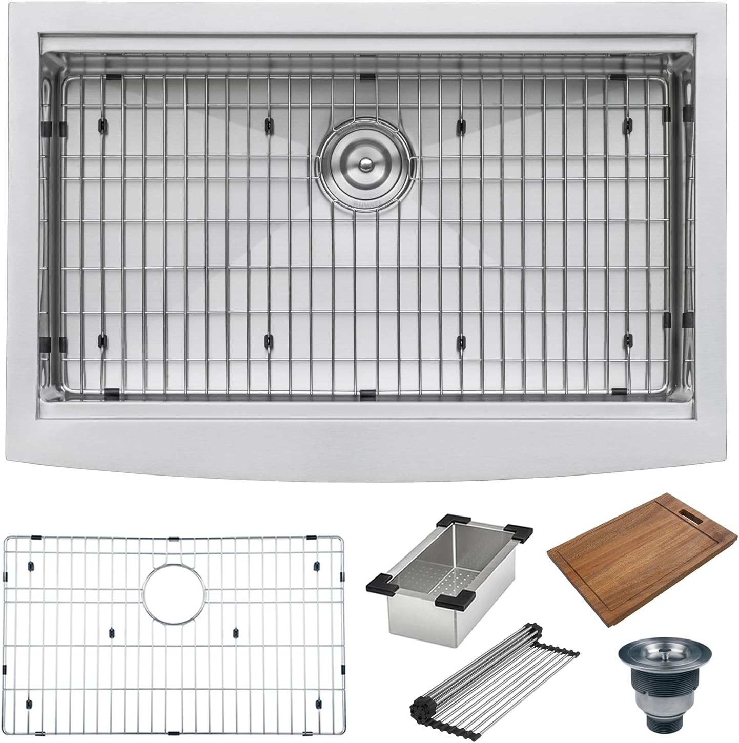 Ruvati 36-inch Rounded Corners Apron-front Workstation Farmhouse Kitchen Sink - 16 Gauge Stainless Steel Kitchen Sink Single Bowl with Brushed Finish hides scratches - RVH9300