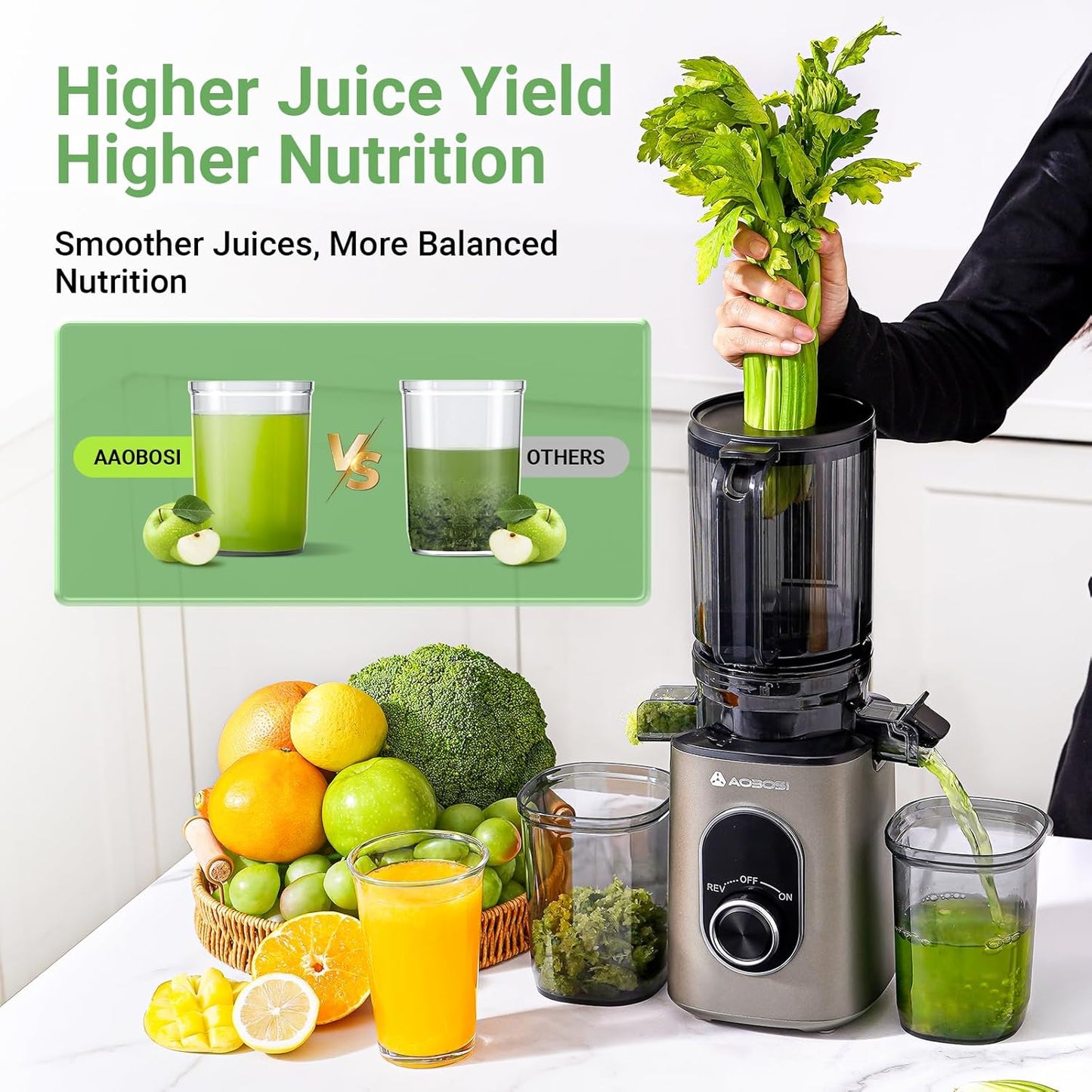 AAOBOSI Cold Press Juicer, 4.35" Large Feed Chute Masticating Juicer Machines (Upgrade) High Juice Yield Slow Juice Extractor fit Fruits &Vegetables, Easy to Clean, New Designed for Home and Travel