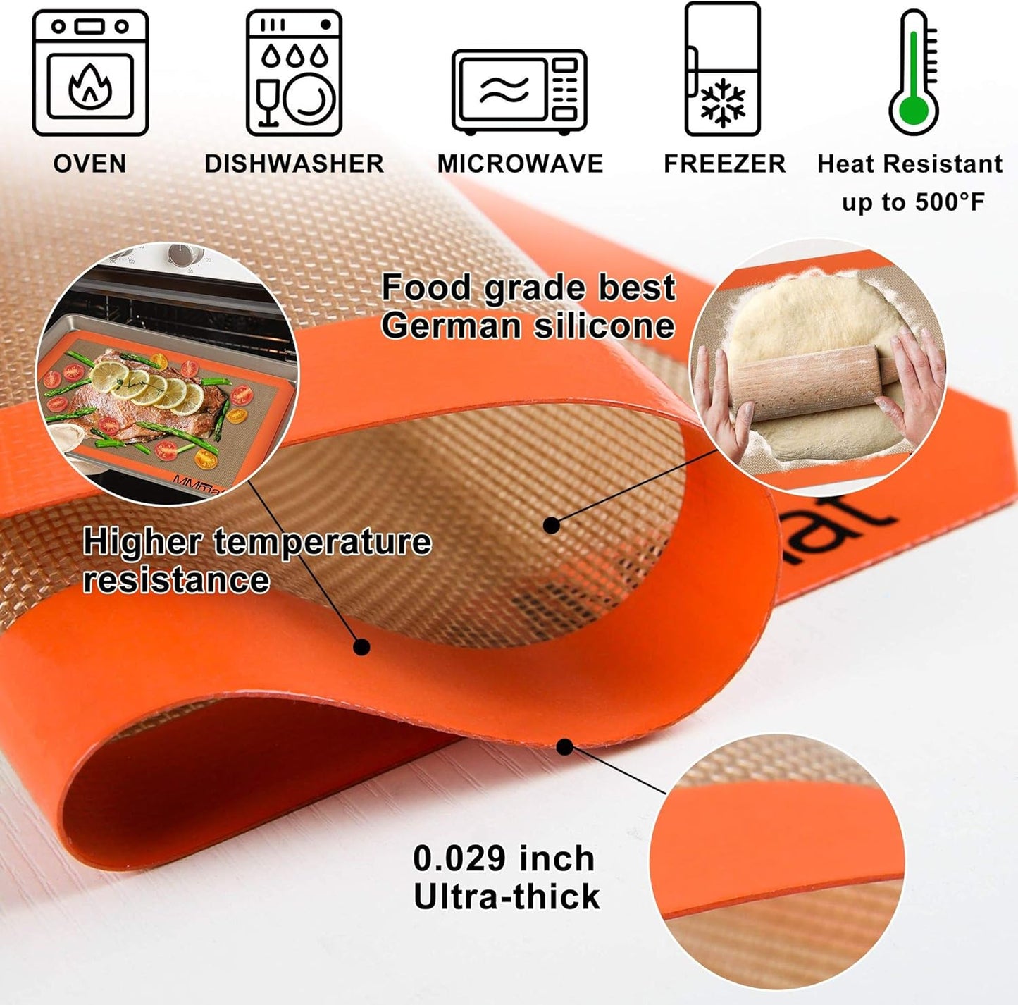 Silicone Baking Mat - Best German Silicone - Non Slip Silicone Baking Sheet, Non Stick Reusable Silicone Mats for Baking, Oven Liner, Counter Mat - Half + Medium + Quarter Baking Sheets Set