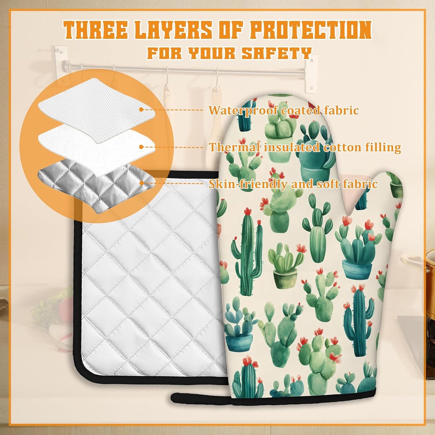 Cactus Succulent Flower Oven Mitts and Pot Holders Set,Kitchen Decor Heat Resistant Non Slip Hot Pads and Oven Mitt for Chef Cooking Baking BBQ Mom Girl Gifts(4 Piece Set)