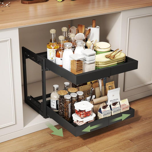 2 Tier Pull Out Cabinet Organizer ,Adjustable Width & Height,Expandable Pull-Out Drawers For Cabinets, Slide Out Shelves for Kitchen Cabinets / Countertop / Pantry,Heavy-Duty & Easy to Install(Black)