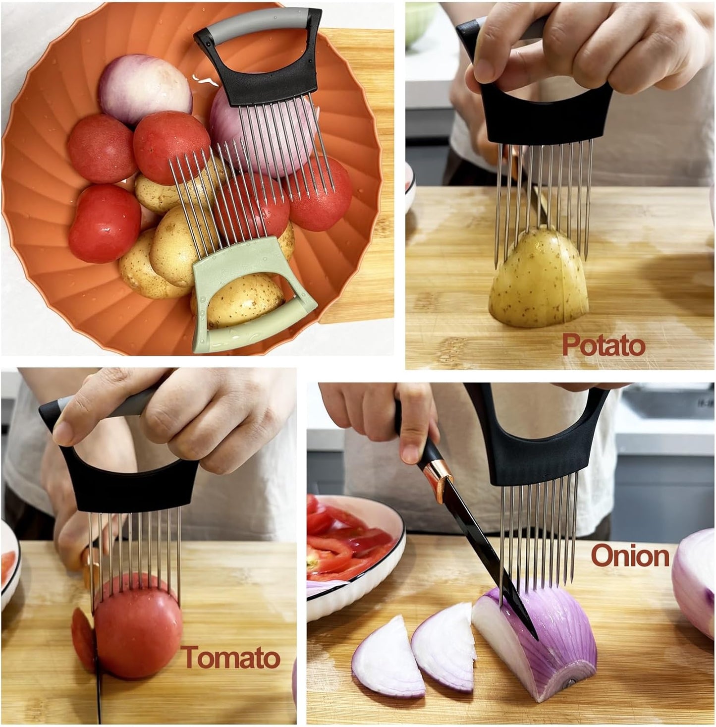 Onion Holder for Slicing Onion Slice Holder Kitchen Chopper Assistant Tool,Vegetable Cutter with Protective Cover for Tomato,Lemon,Potato,Egg,Food Slice Assistant,Home Kitchen Tool (Black & Gray)