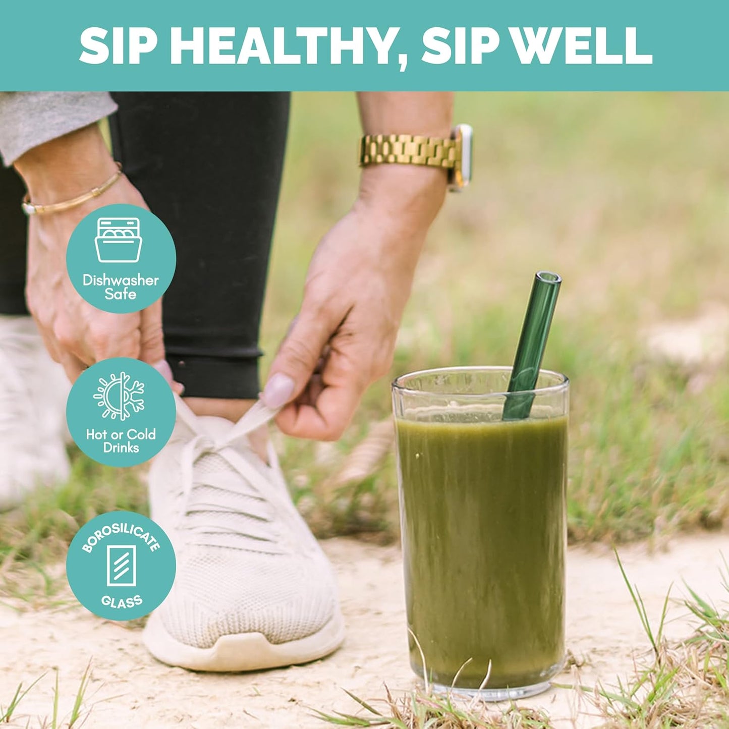 Simply Straws Wide Glass Straws (6-Pack) - 10in x 12mm Reusable Glass Smoothie Straws for Milkshakes, Juices & Slushies, with Cleaning Brush - Dishwasher Safe, Hot & Cold Use, BPA-Free (Fjord Mist)