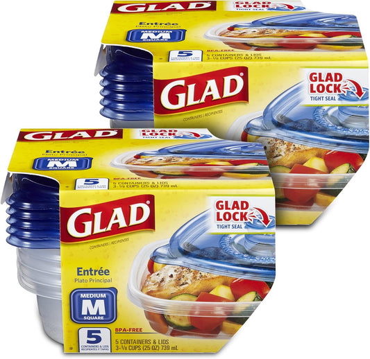Glad GladWare Entrée Food Storage Containers, Medium Square - Meal Container Holds up to 25 Ounces of Food - Lock Tight Seal, 5 Count - 2 Pack